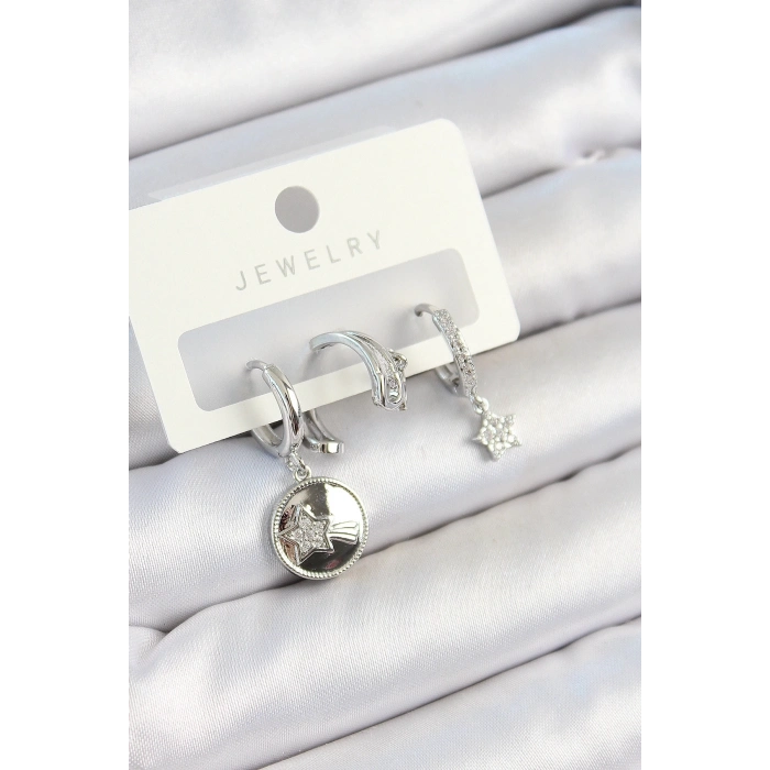 Pirinç Zirkon Taşlı Sallantılı Yıldız Model Gümüş Renk 3lü Çift Kadın Küpe Set