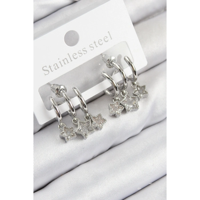 Pirinç Zirkon Taşlı Sallantılı Yıldız Model Gümüş Renk Kadın Küpe