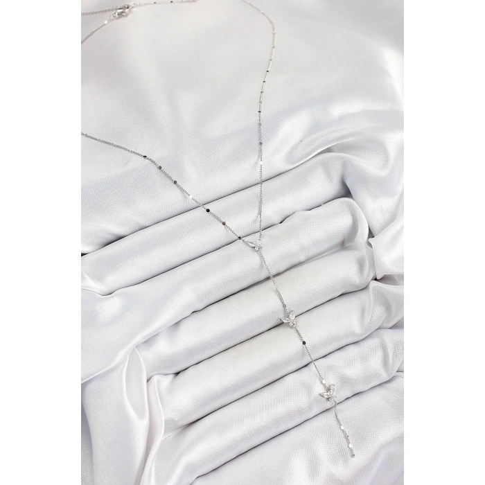 Pirinç Zirkon Taşlı Sıralı Kelebek Figürlü Y Model Gümüş Renk Kadın Kolye