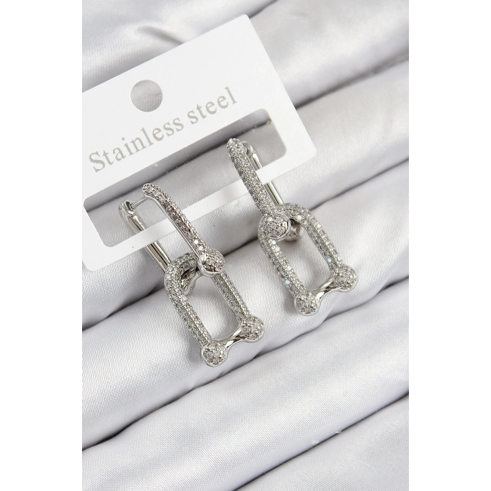 Pirinç Zirkon Taşlı Tifany Model Gümüş Renk Kadın Küpe