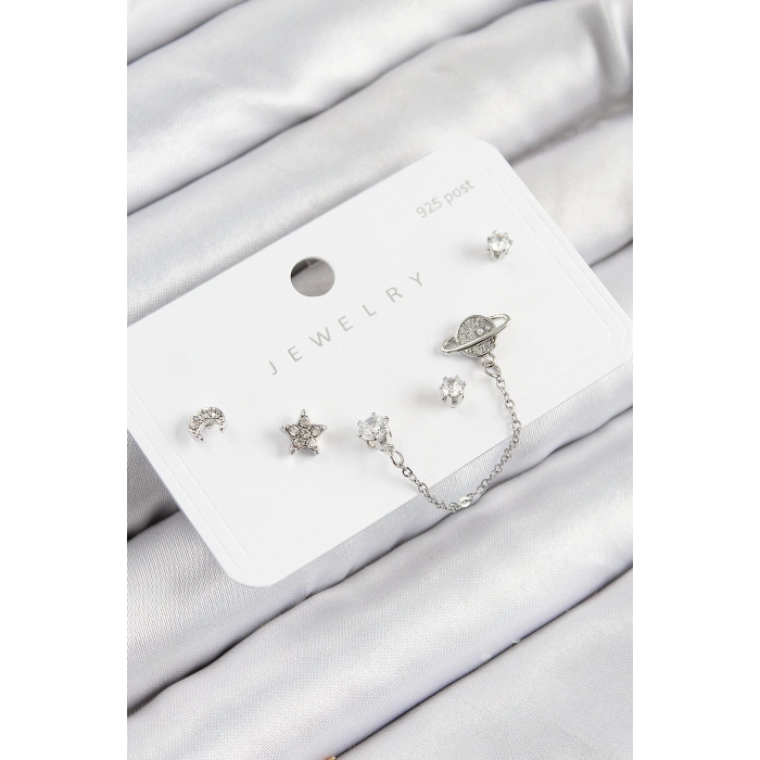 Pirinç Zirkon Taşlı Yıldız Ve Gezegen Model Gümüş Renk 925 Ayar Gümüş Çivi Kadın Küpe Set