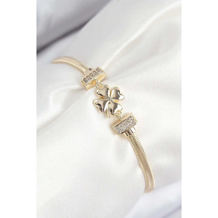 Pirinç Zirkon Taşlı Yonca Model Gold Renk Kadın Bileklik