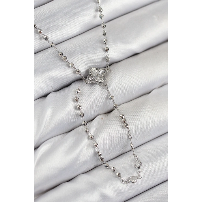 Pirinç Zirkon Taşlı Yonca Model Gümüş Renk Kadın Y Kolye