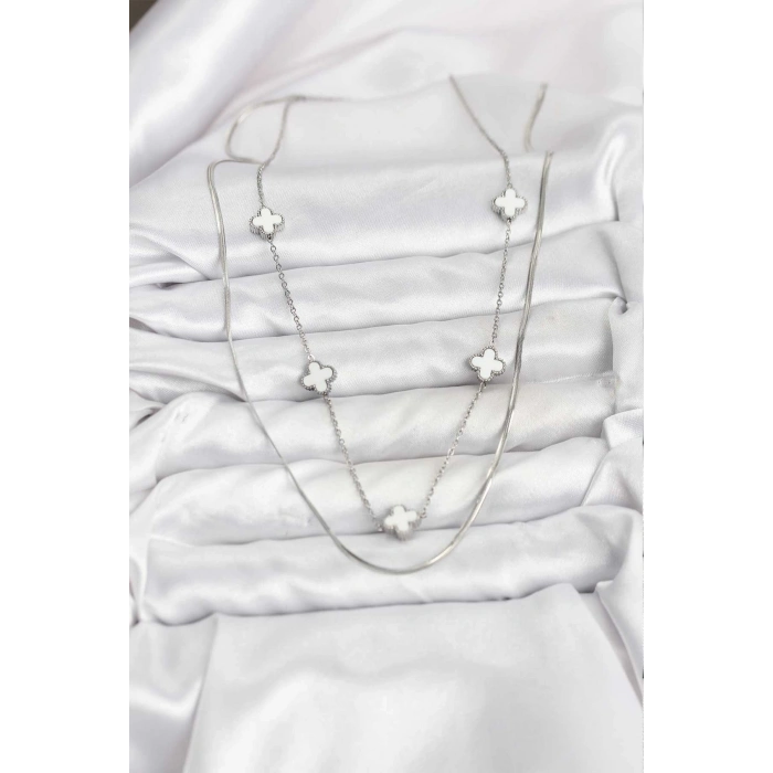 316L Çelik Zincir Gümüş Renk İtalyan Zincirli Yonca Model Kadın Kolye