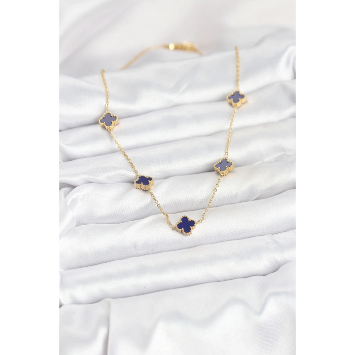 316L Çelik Zincir Gold Renk Lacivert Baby Boy Yonca Kadın Kolye