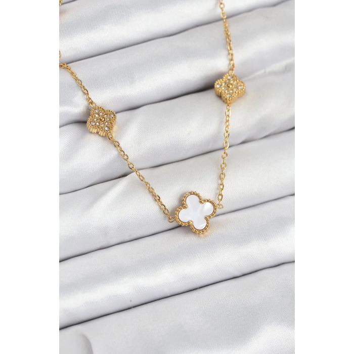 316L Çelik Zincir Gold Renk Beyaz ve Zirkon Taşlı Yonca Kadın Kolye