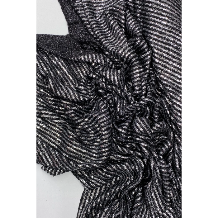 Sakallı Çizgili Pullu Kumaş  Pullu Payet Kumaş Abiye Nişan Düğün Siyah