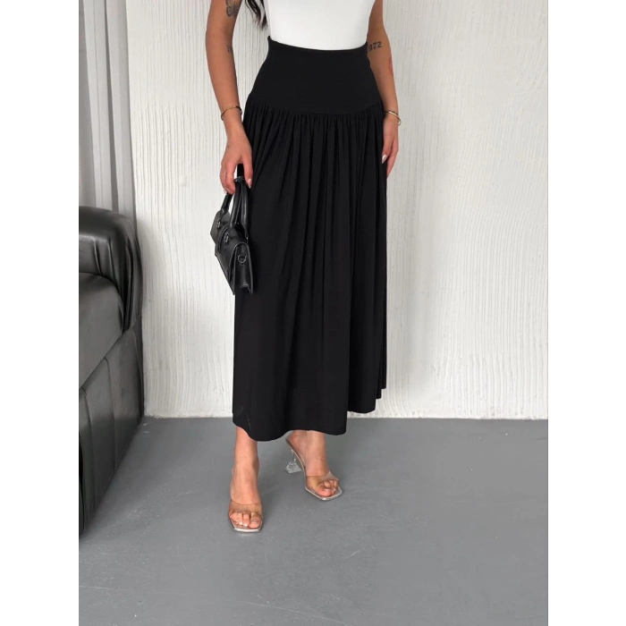 Sandy Uzun Beli Lastikli Yüksel Bel Etek Yazlık - Siyah