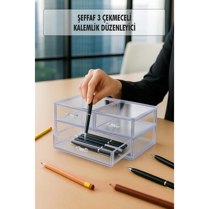 Şeffaf Akrilik 3 Gözlü Çekmece Kalemlik