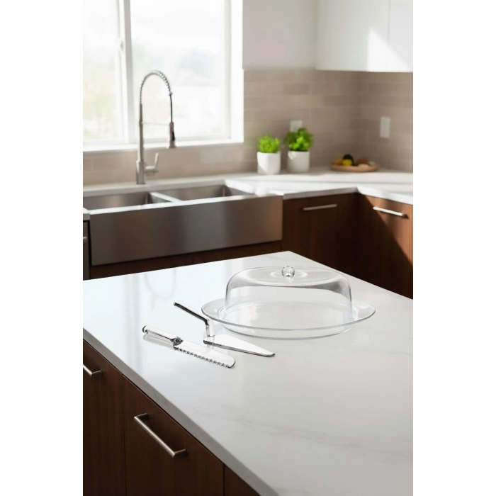 Şeffaf Akrilik Kek Fanusu ve Servis Seti – 33 x 39 x 14 cm (4 Parça)