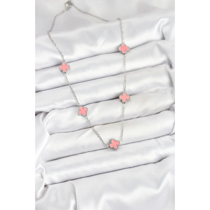 316L Çelik Zincir Gümüş Renk Pembe Baby Boy Yonca Kadın Kolye