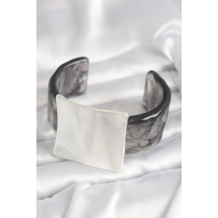 Siyah Mermer Desen Akrilik Plastik Gümüş Kare Plaka Model Vintage Kadın Bilezik