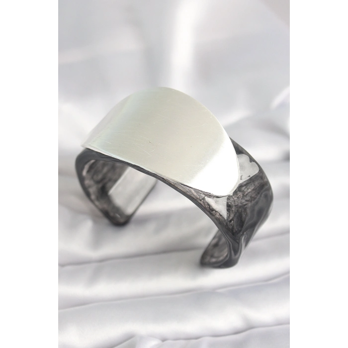 Siyah Mermer Desen Akrilik Plastik Gümüş Oval Plaka Model Vintage Kadın Bilezik