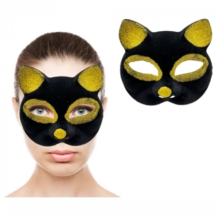 Siyah Renk Gold Simli Kedi Maskesi