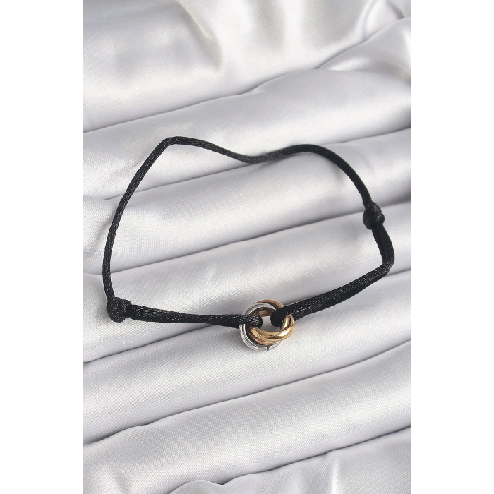 Siyah Renk İpli Asansörlü Mix Renk Çelik Halka Model Kadın Bileklik