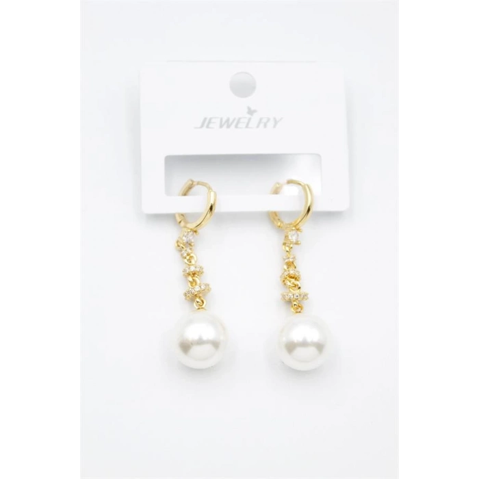 Taşlı İnci Küpe - Altın