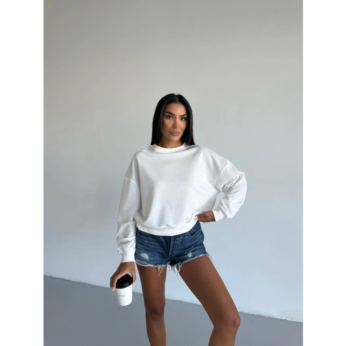 TAVSİYE EDİLEN GÜVENLİ SATICI 2 iplik bisiklet yaka sweat beyaz f2339