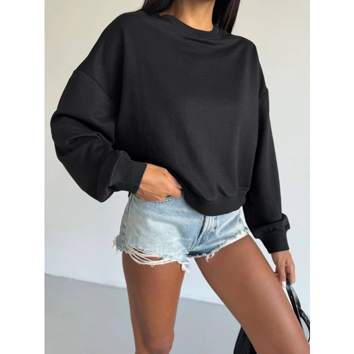 TAVSİYE EDİLEN GÜVENLİ SATICI 2 iplik bisiklet yaka sweat siyah f2339