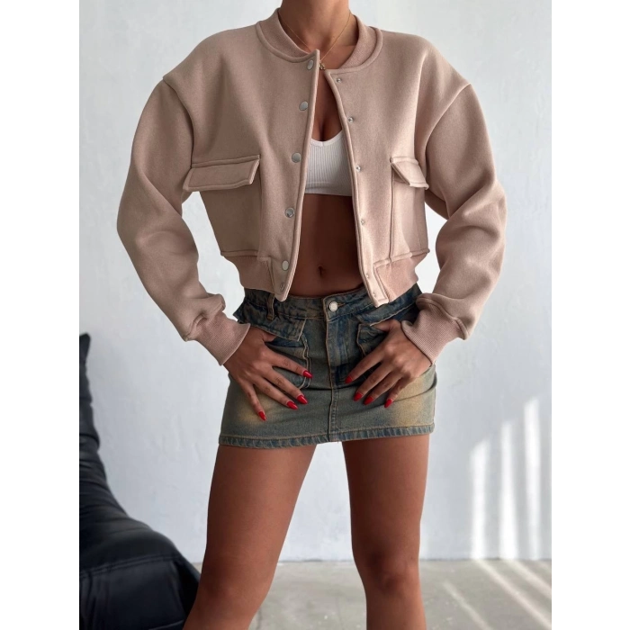 TAVSİYE EDİLEN GÜVENLİ SATICI 3 iplik şardonlu Önü çıtçıtlı cepli ceket bej f2226