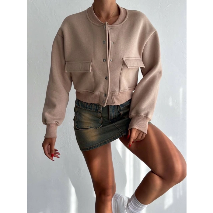 TAVSİYE EDİLEN GÜVENLİ SATICI 3 iplik şardonlu Önü çıtçıtlı cepli ceket bej f2226