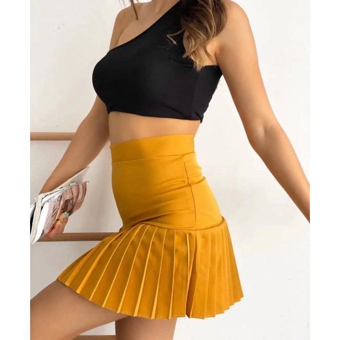 TAVSİYE EDİLEN GÜVENLİ SATICI Altı pliseli mini etek hardal s24705