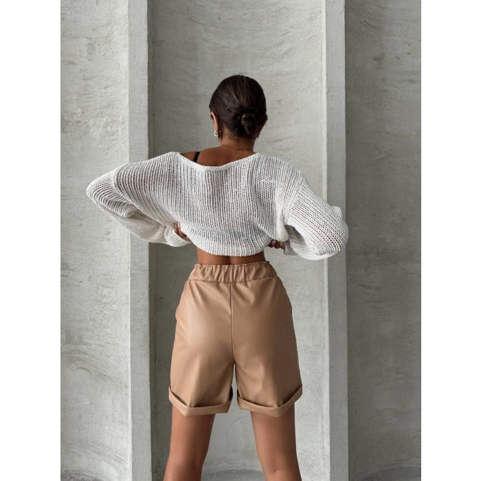 TAVSİYE EDİLEN GÜVENLİ SATICI Beli lastikli duble paça deri şort bej w24755