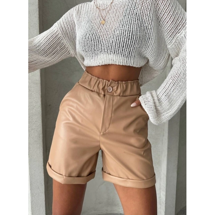 TAVSİYE EDİLEN GÜVENLİ SATICI Beli lastikli duble paça deri şort bej w24755