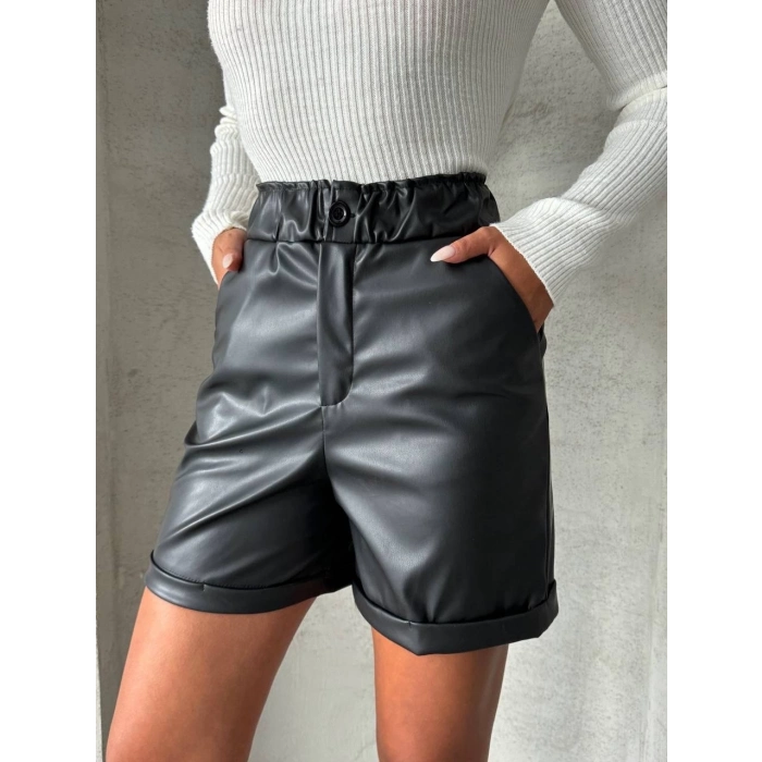 TAVSİYE EDİLEN GÜVENLİ SATICI Beli lastikli duble paça deri şort siyah w24755
