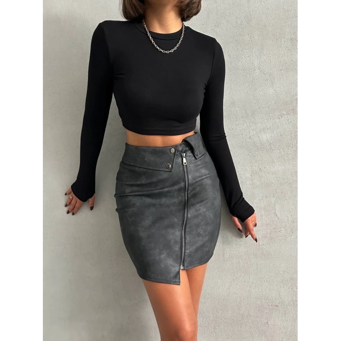 TAVSİYE EDİLEN GÜVENLİ SATICI Beli pervazlı fermuarlı eskitme deri etek w24431