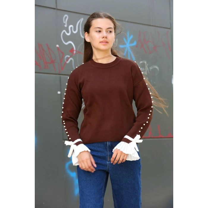 TAVSİYE EDİLEN GÜVENLİ SATICI Boncuklu bile detaylı kazak kahve