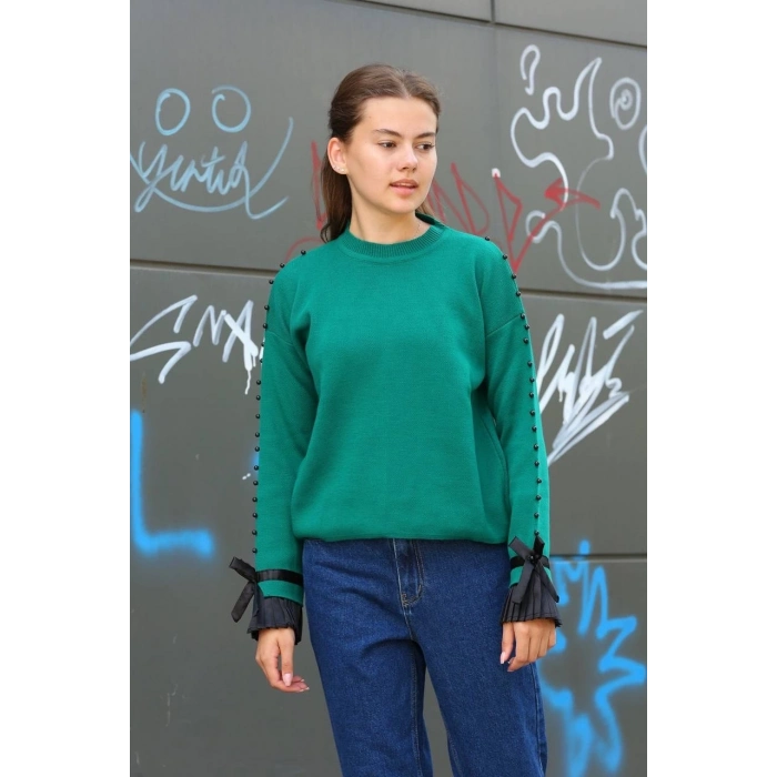 TAVSİYE EDİLEN GÜVENLİ SATICI Boncuklu bile detaylı kazak petrol yeşili