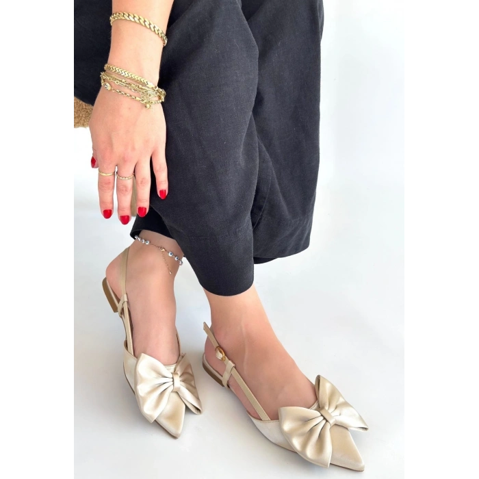 TAVSİYE EDİLEN GÜVENLİ SATICI Cenya Bej Saten Babet Ayakkabı