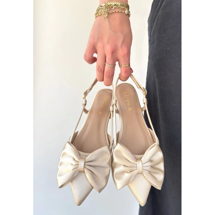 TAVSİYE EDİLEN GÜVENLİ SATICI Cenya Bej Saten Babet Ayakkabı