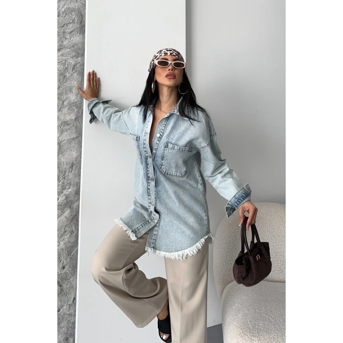 TAVSİYE EDİLEN GÜVENLİ SATICI Cepli püsküllü kar yıkama kot ceket mavi d2515