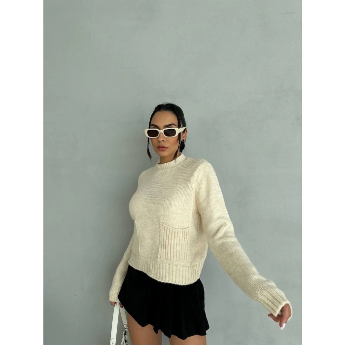 TAVSİYE EDİLEN GÜVENLİ SATICI Cepli triko kazak krem