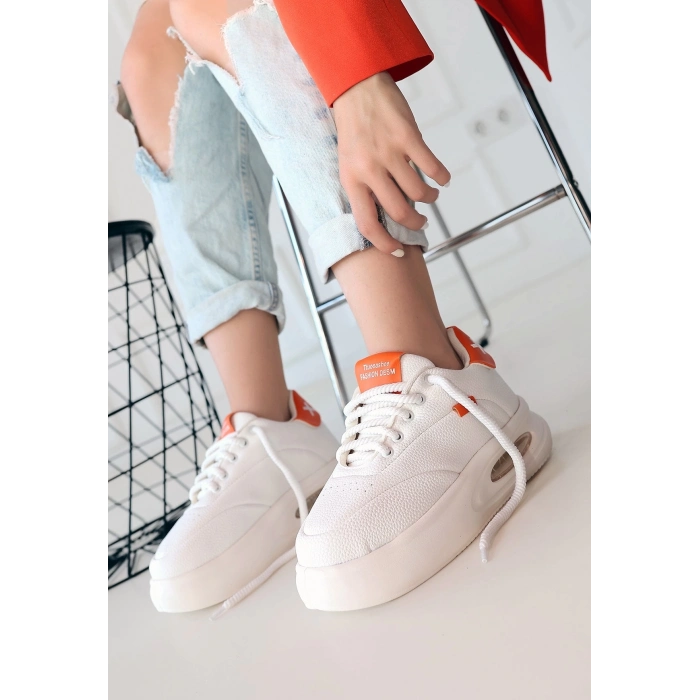 TAVSİYE EDİLEN GÜVENLİ SATICI Chris Beyaz Cilt Turuncu Detaylı Bağcıklı Spor Ayakkabı