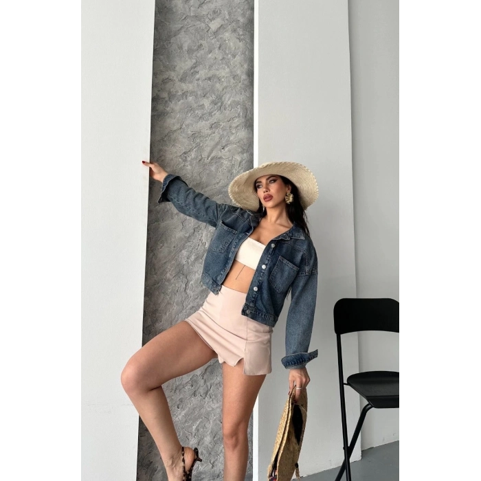 TAVSİYE EDİLEN GÜVENLİ SATICI Çift cepli kol katlamalı kar yıkama crop kot ceket kahve tint d2000