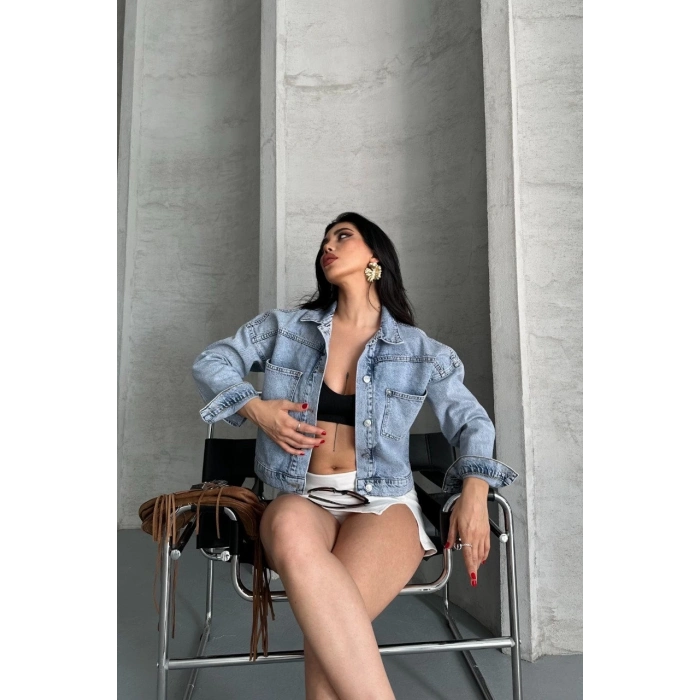 TAVSİYE EDİLEN GÜVENLİ SATICI Çift cepli kol katlamalı kar yıkama  crop kot ceket mavi d2000