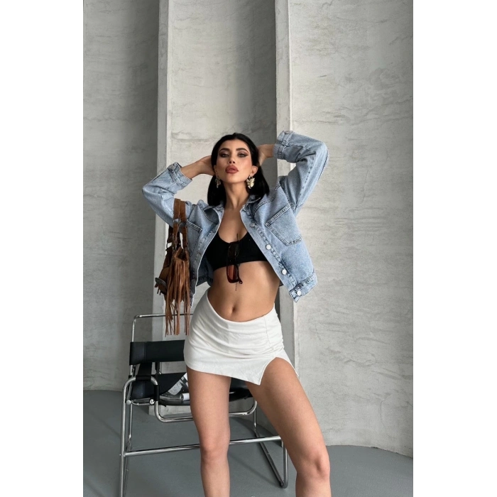 TAVSİYE EDİLEN GÜVENLİ SATICI Çift cepli kol katlamalı kar yıkama  crop kot ceket mavi d2000