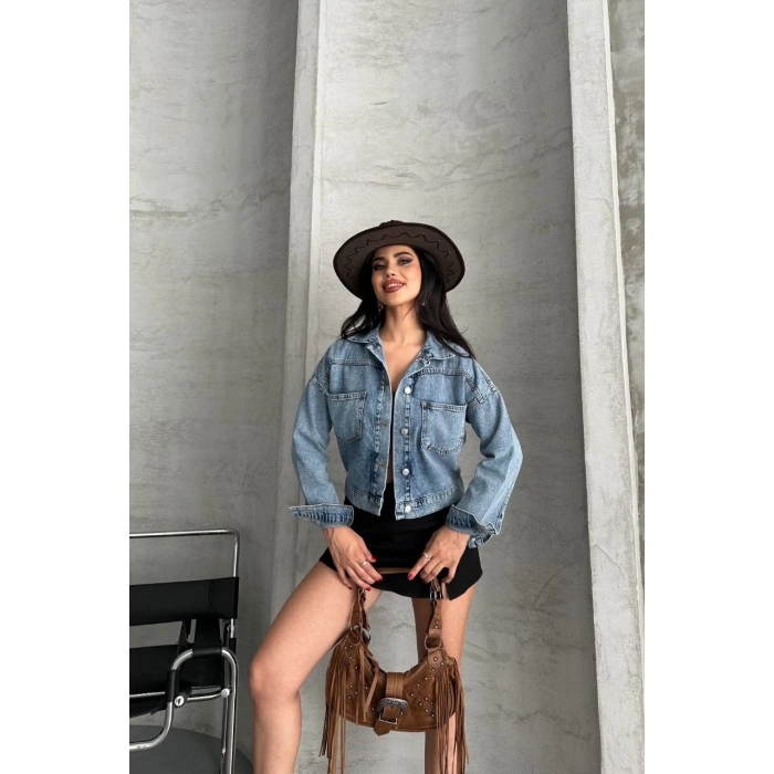 TAVSİYE EDİLEN GÜVENLİ SATICI Çift cepli kol katlamalı kar yıkama  crop kot ceket mavi d2000