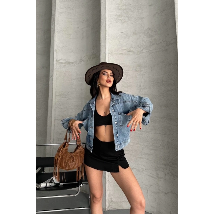 TAVSİYE EDİLEN GÜVENLİ SATICI Çift cepli kol katlamalı kar yıkama  crop kot ceket mavi d2000