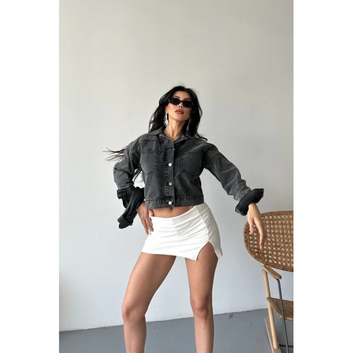 TAVSİYE EDİLEN GÜVENLİ SATICI Çift cepli kol katlamalı süper taş enzim yıkama crop kot ceket füme d2000