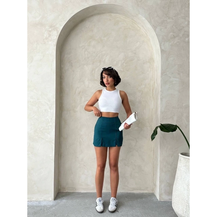 TAVSİYE EDİLEN GÜVENLİ SATICI Çift yırtmaçlı atlas şort etek petrol yeşili s240364