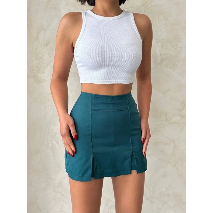 TAVSİYE EDİLEN GÜVENLİ SATICI Çift yırtmaçlı atlas şort etek petrol yeşili s240364