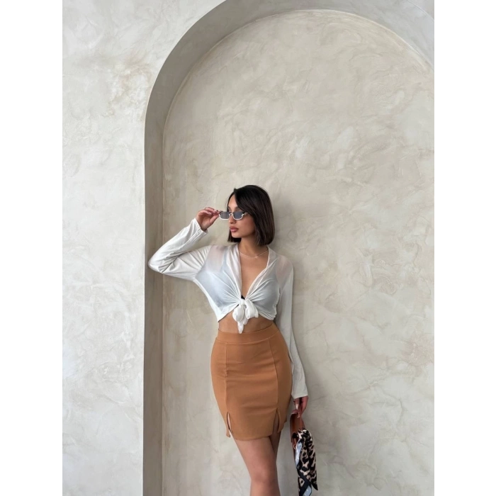 TAVSİYE EDİLEN GÜVENLİ SATICI Çift yırtmaçlı etek camel s25910