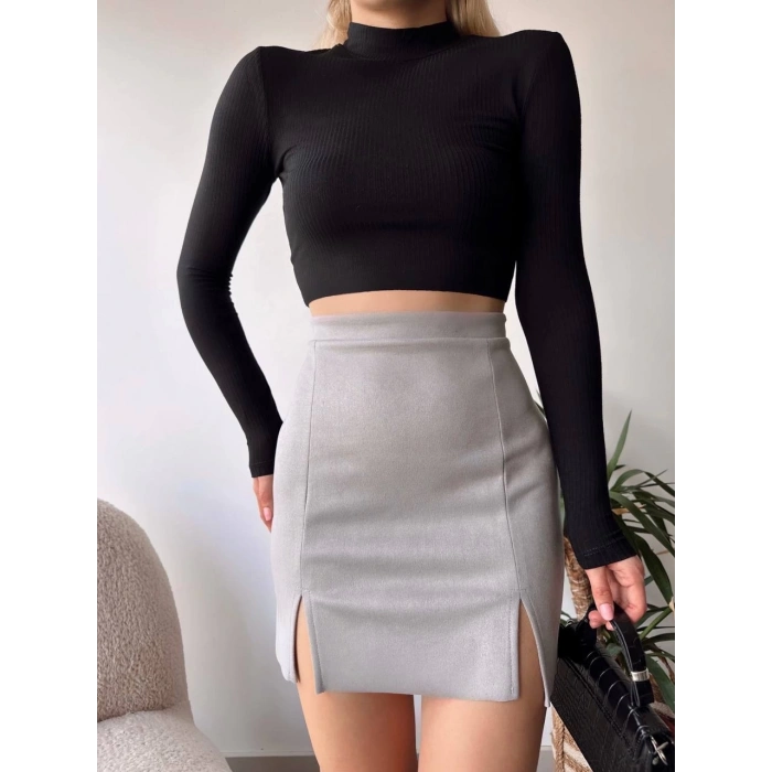 TAVSİYE EDİLEN GÜVENLİ SATICI Çift yurtmaçlı süet etek gri s241002