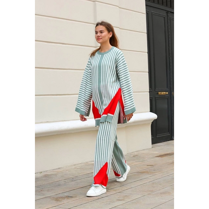 TAVSİYE EDİLEN GÜVENLİ SATICI Çizgili bisiklet yaka triko takım Mint