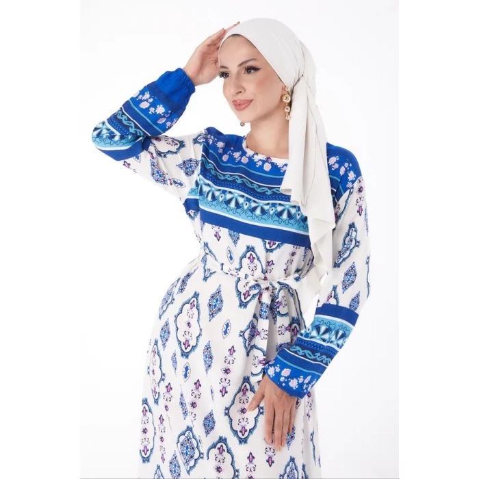 TAVSİYE EDİLEN GÜVENLİ SATICI Düz Bisiklet Yaka Kadın Mavi Etnik Desenli Elbise