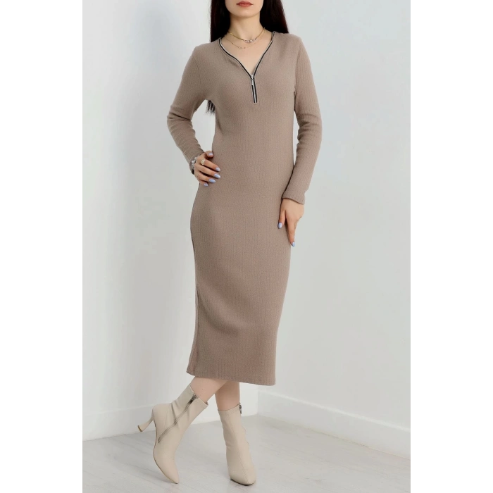 TAVSİYE EDİLEN GÜVENLİ SATICI Fermuar detaylı fitilli şardonlu elbise bej a3178