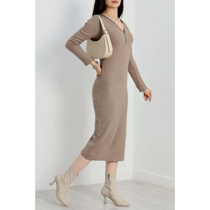 TAVSİYE EDİLEN GÜVENLİ SATICI Fermuar detaylı fitilli şardonlu elbise bej a3178